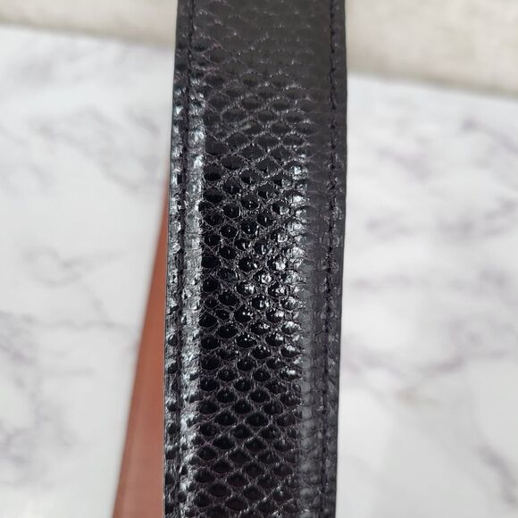 Kleinberg Sherrill Vintage Black Lizard Textured Leather Belt with Gold Buckle